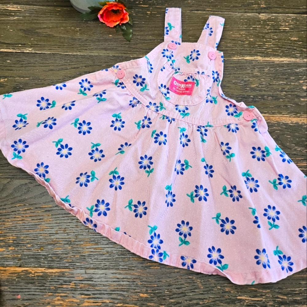 Vintage OshKosh B'Gosh Girls Flower Overall Dress Size 24m Made in USA